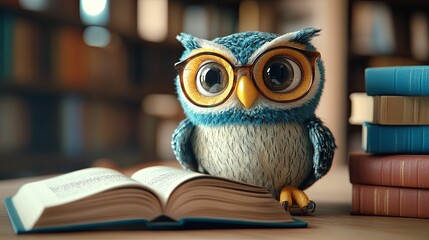 A Blue Owl Wearing Glasses Sits On An Open Book