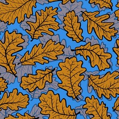 Bright autumn pattern with fallen leaves and the blue sky, oak leaves seamless hand drawn pattern