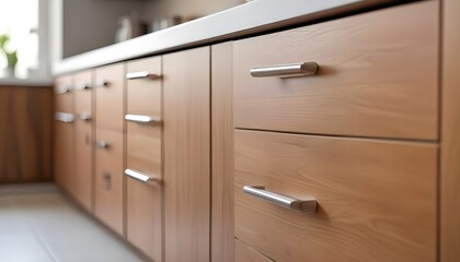 Wooden cabinets with silver handles against a blurred background