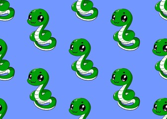 Set with green snakes. Seamless pattern with a green snake. Year of the Green Wood Snake. Cute pattern with snakes on a blue background.