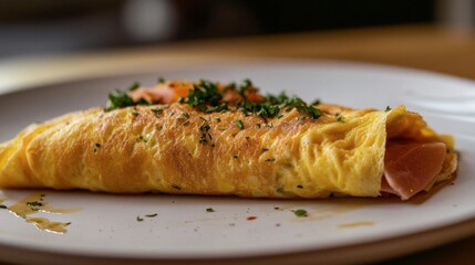 A close-up of a classic French omelette, perfectly folded and filled with fresh herbs, cheese, and ham, showcasing culinary skills.