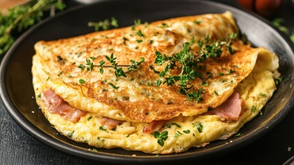 A close-up of a classic French omelette, perfectly folded and filled with fresh herbs, cheese, and ham, showcasing culinary skills.