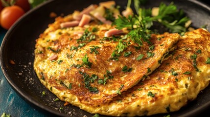 A close-up of a classic French omelette, perfectly folded and filled with fresh herbs, cheese, and ham, showcasing culinary skills.