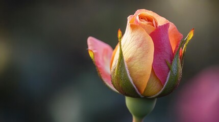A close-up of a rosebud beginning to bloom, revealing multicolored petals and the anticipation of its full beauty.
