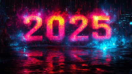 Vibrant retro pixel art of 2025 set in a colorful digital landscape