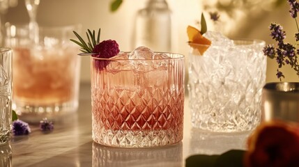 A close-up of textured glassware with a multi-dimensional surface, enhancing the tactile and visual appeal of each drink.