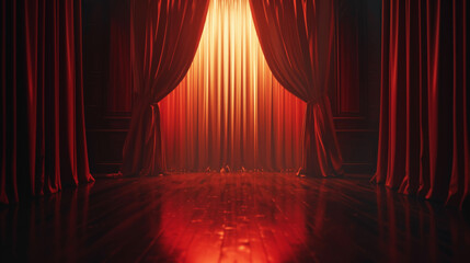 Dramatic theater stage with red curtains and spotlight