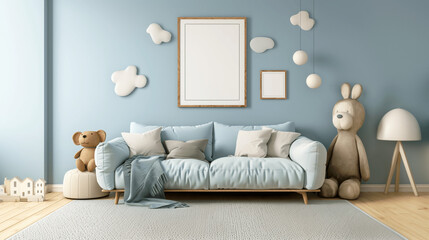 Cozy children's room with blue sofa and playful decor