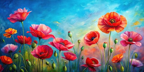 Oil painting of poppies reflected on canvas