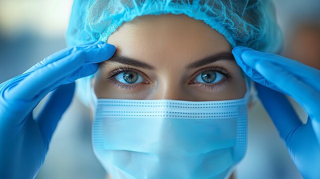 Close-up portrait of a female medical professional wearing a surgical mask and gloves