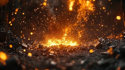 Red-hot metal sparks and embers fly off a burning forge