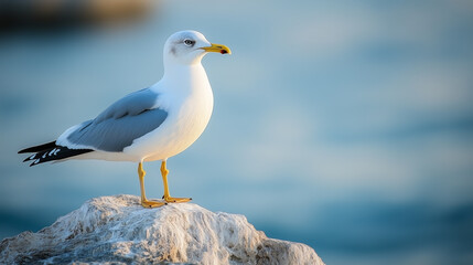 Obraz premium A seagull stands on a rock against the backdrop of the sea. 