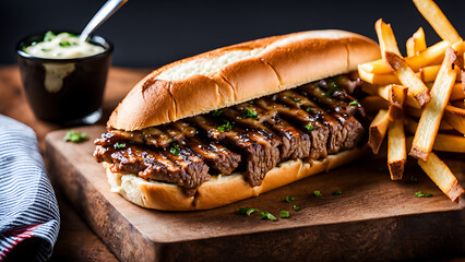 medium rare ribeye steak sandwich served on a baguette with fries 