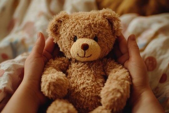 closeup of Cute little girl hugging a teddy bear Safe Toys and Gifts Month concept