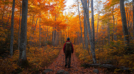 Fototapeta premium A hiker walks through an autumnal forest, surrounded by vibrant fall foliage.