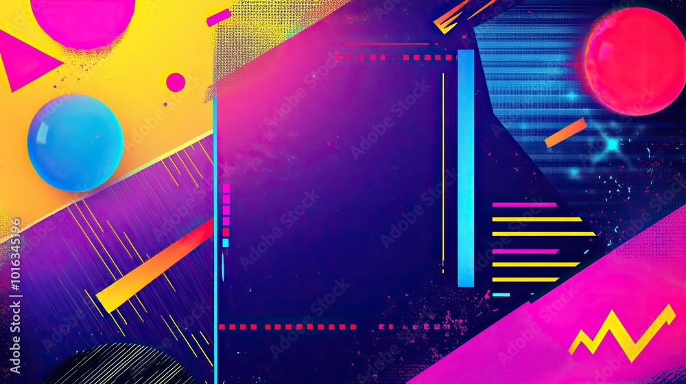 Fototapete classic 90s look with bright neon gradients, retro patterns, and playful designs, with a clear area 