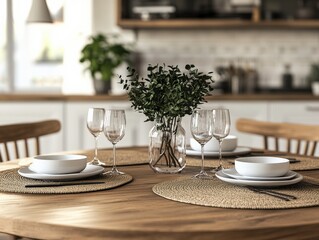 Minimalist Dining Table Setting with Wooden Table, White Plates, and Greenery Centerpiece