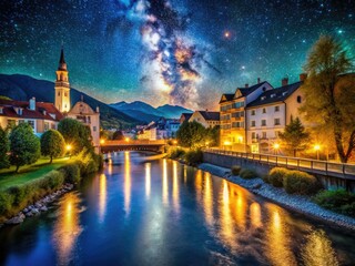 Fototapeta premium Night Photography of Eisack River in Brixen, Italy - Tranquil Waters and Starry Skies