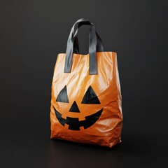 Orange Halloween Trick or Treat Bag with Black Jack-o-Lantern Face on a Black Background