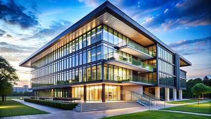 Obraz premium Modern Glass and Metal Architectural Structure Against a Dusk Sky