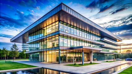 Naklejka premium Modern Glass and Metal Architectural Structure Against a Dusk Sky
