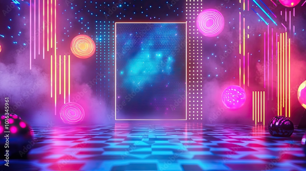 Fototapete nostalgic 90s backdrop featuring abstract patterns, neon lights, and retro elements, with a large ar