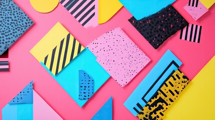 Obraz premium Letter paper with a nostalgic 90s aesthetic, featuring vibrant geometric patterns and neon accents, with plenty of copy space.