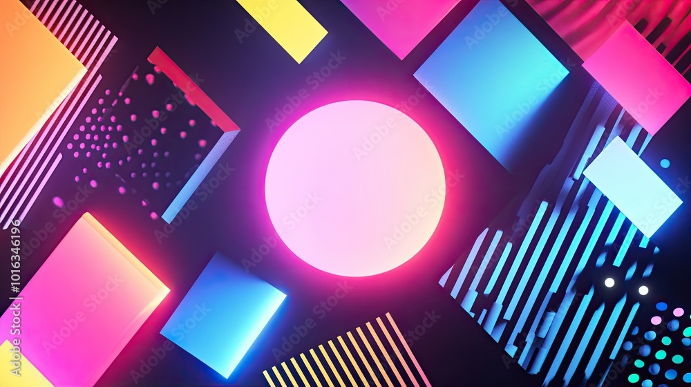 Fototapete retro 90s aesthetic background with neon colors, geometric patterns, and abstract shapes, featuring 