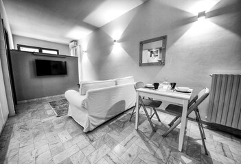 One-room bed and breakfast apartment, white interior design, open space: kitchen with dining table, living room with sofa