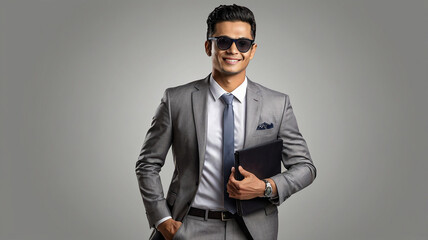 A smart younge business man walking in very relax and smiling face laptop bag in his hand, photo with pentration simplr white background photo