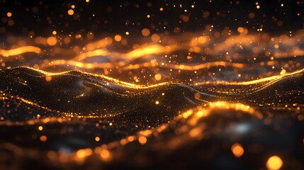 Fototapeta premium Abstract glowing orange wave of light with particles on a dark background..