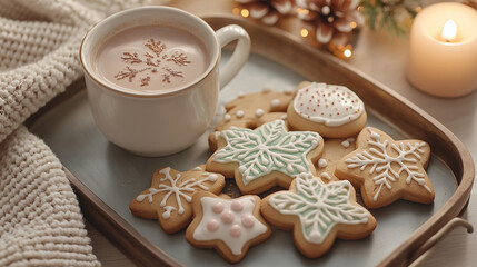 Fototapeta premium Hot Cocoa with Gingerbread Cookies and Holiday Decorations on Wooden Table 