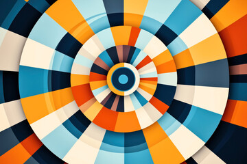 Abstract geometric background featuring concentric circles with colorful radial stripes in shades of blue, orange, and beige, creating a vibrant pattern.