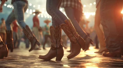 Fotobehang Traditional line dance showcasing detailed cowboy boots in action  © CosmoJulia