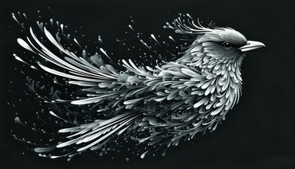 a small bird in flight in gray tones, flight dispersion, on a dark background
