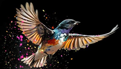 Obraz premium a small bird in flight in bright colors, flight dispersion, on a black background