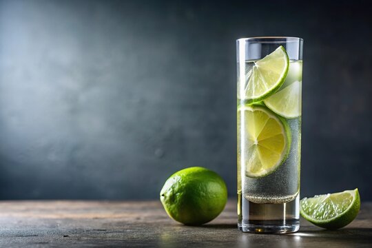 Highball glass with lime wedge and Don Julio Reposado tequila on minimalist background