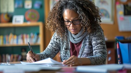 Teacher grading papers at a desk, emphasizing dedication and academic support