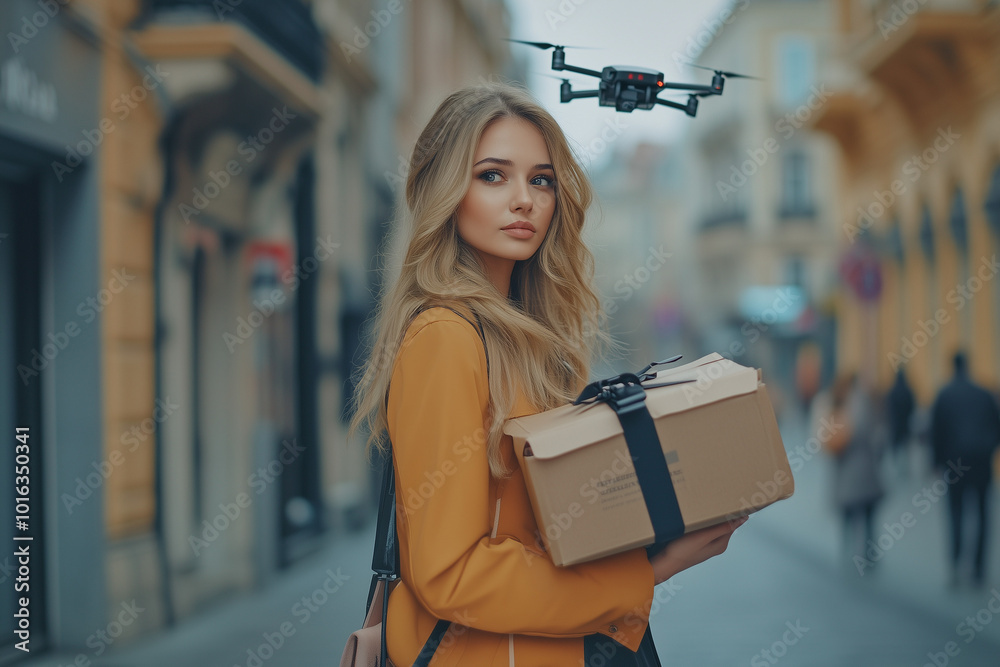 Wall mural woman with package and drone in the air