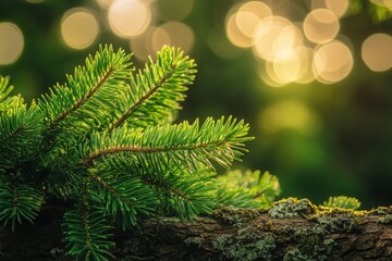 A close-up of a young fir branch with a garland in the summer. MZ