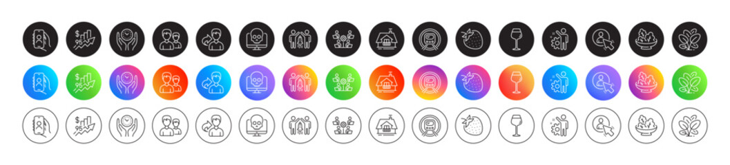 Rise price, Couple and Balcony line icons. Round icon gradient buttons. Pack of Partnership, Spinach, Cyber attack icon. Teamwork, Employee, Bordeaux glass pictogram. Strawberry, User, Salad. Vector