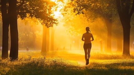 A lone runner enjoys a tranquil morning jog along the lakeside path at sunrise in a peaceful park setting