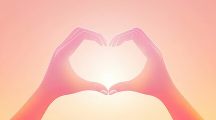 Fototapeta premium Two hands form a heart shape as the sun sets in a pastel-colored sky, evoking warmth and affection