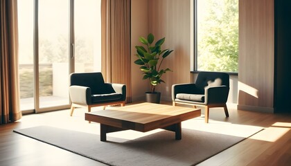 Fototapeta premium Japandi minimalist interior design of a modern living room with armchairs, a rectangular wooden coffee table with clean lines, and a tall green plant in the corner, surrounded by walls in soft beige a