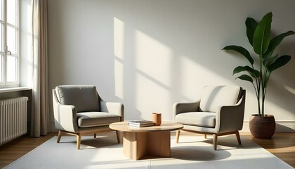 Fototapeta premium Japandi minimalist interior design of a modern living room with armchairs, a rectangular wooden coffee table with clean lines, and a tall green plant in the corner, surrounded by walls in soft beige a