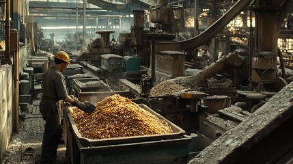 A skilled worker meticulously sorts grains in a rustic warehouse during the early morning hours in a traditional setting