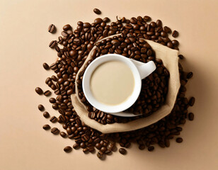 Naklejka premium A cup of coffee and coffee beans in a burlap bag on a beige background, top view
