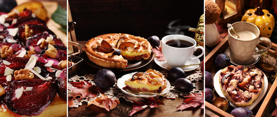 Autumn banner with homemade plum cakes on rustic style table