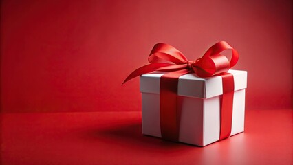 Open white gift box tied with red ribbon on red background leading lines