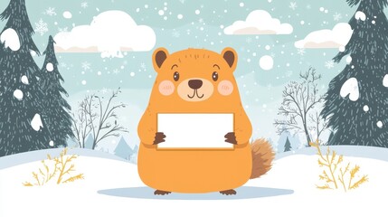 A playful groundhog stands in the snow, holding a blank sign against a backdrop of winter trees